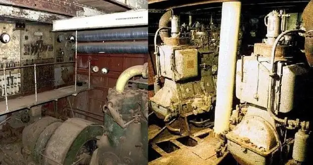 Generador y sala de máquinas del Galatea, en los años del abandono.