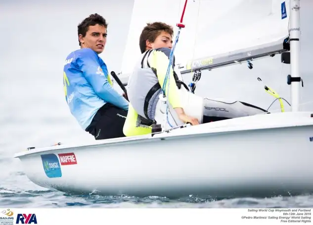 Jordi Xammar y Joan Herp están empatados a puntos con los primeros en 470 Masculino. Foto: Pedro Martínez