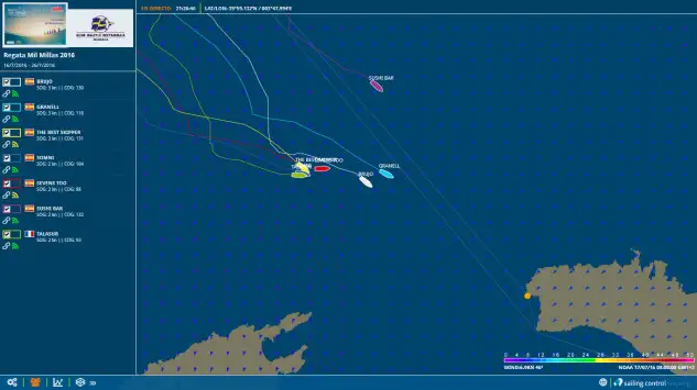 Aproximación de la flota al paso por la isla de Menorca tras salir del Port Olímpic de Barcelona.