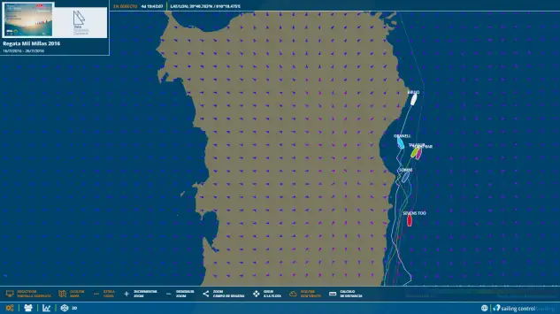 Imagen del tracking de la Regata Mil Millas con la flota frente a la costa este de Cerdeña.