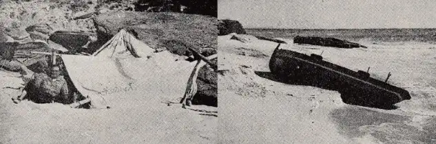 Eb la imagen de la izquierda el campamento en la playa onubense con Mario con graves problemas en su pierna iaquierda y en la fotografía de la derecha la dorna varada en la playa de Barbate