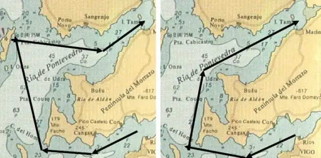 La primera etapa que se cubrirá entre Vigo y Combarro, a la izquierda el trazado para los barcos ORC 1-2, a la derecha para el resto... más corta cinco millas